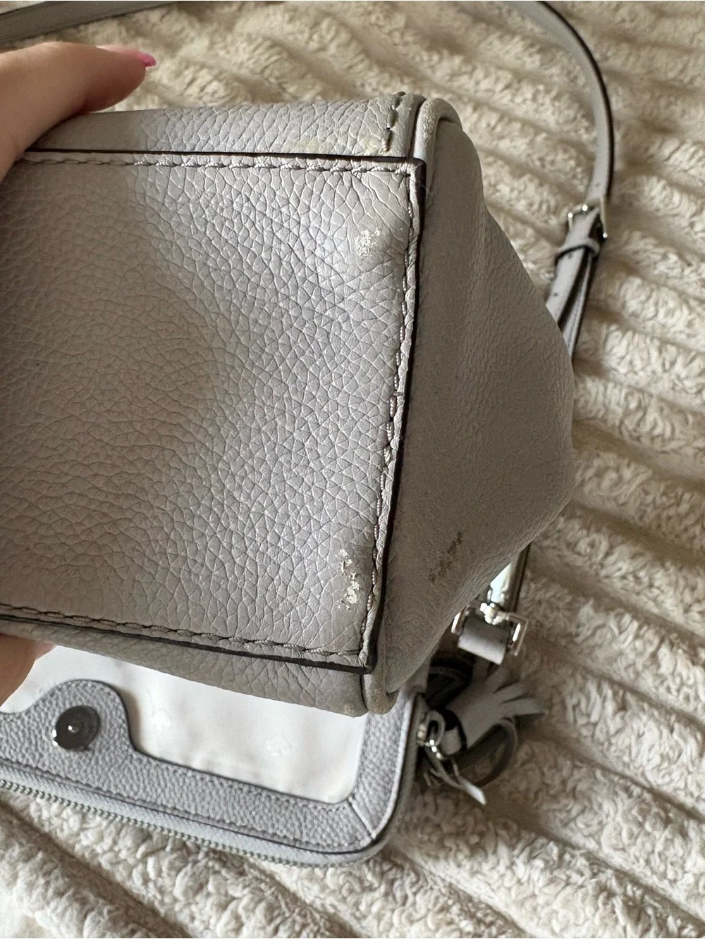 kate spade Silver-Gray Pebbled Leather Shoulder Bag with Tassel
